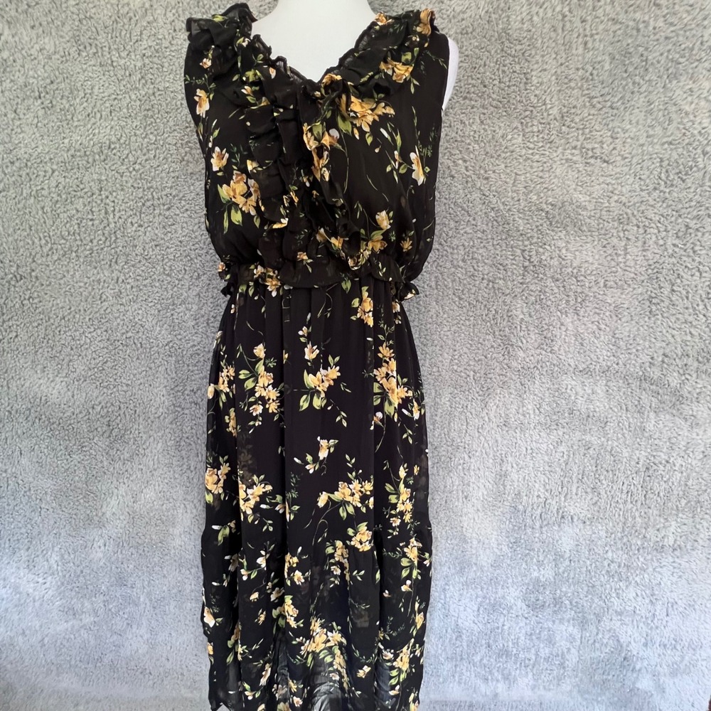 Ruffled Tiered Floral Midi Dress Medium Romantic Black Yellow Tie Back Maurices